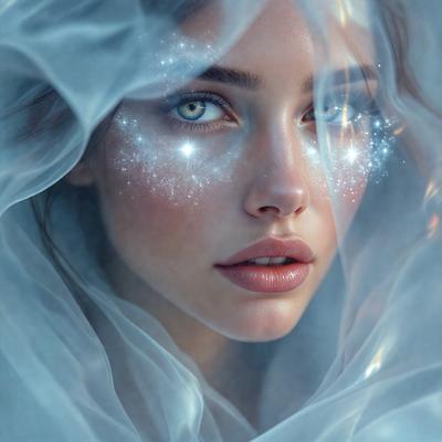 The primary subject of the image is a woman with a beautiful face, adorned with glittering makeup. She is wearing a veil, which adds a sense of mystery and elegance to her appearance. The setting is a dark background, which contrasts with the woman's face and enhances the visual impact of her makeup. The visual style is a combination of photo and digital art, creating a stylized and artistic representation of the woman. The colors and mood of the image are predominantly dark